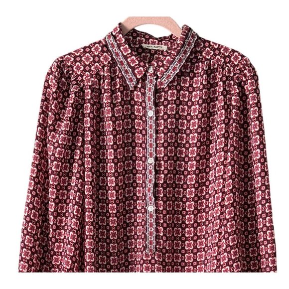 Max Studio London Womens Long Sleeve Pink/Red Patterned Dress L Flowy Ruffle - Picture 2 of 7